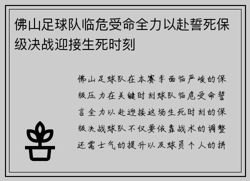 佛山足球队临危受命全力以赴誓死保级决战迎接生死时刻